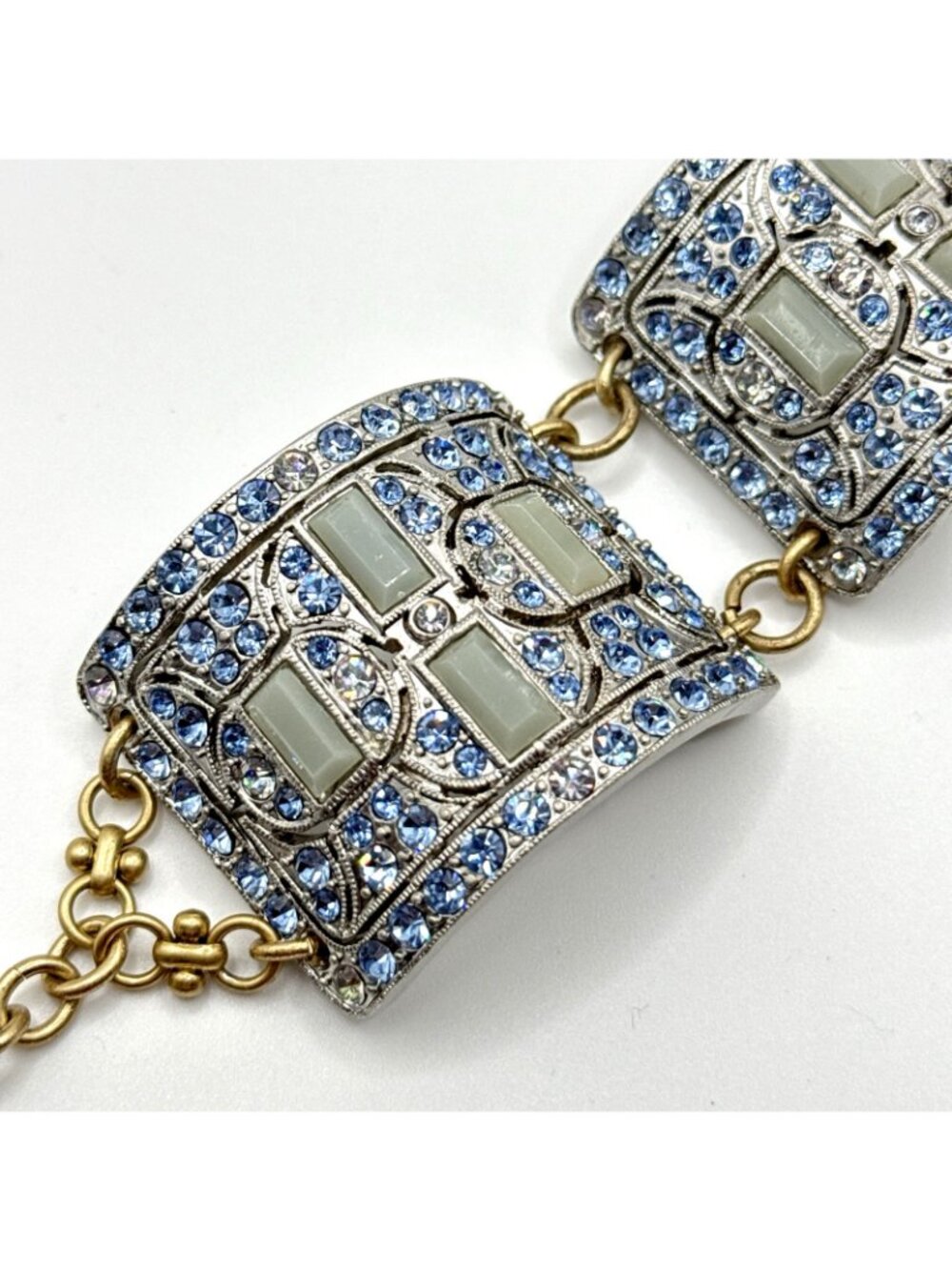 Lulu Frost for J Crew Bracelet Panel Ice Blue Rhinestones Antiqued Gold Chain - Picture 7 of 12
